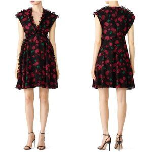 Giamba Black Pink Rose Ruffle V-Neck Luxury Dress $1935
